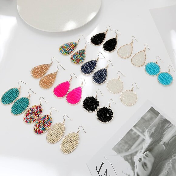 Turquoise Boho Gold Hoop Earrings, Handmade Lightweight Dangle Jewelry - Picture 5 of 6